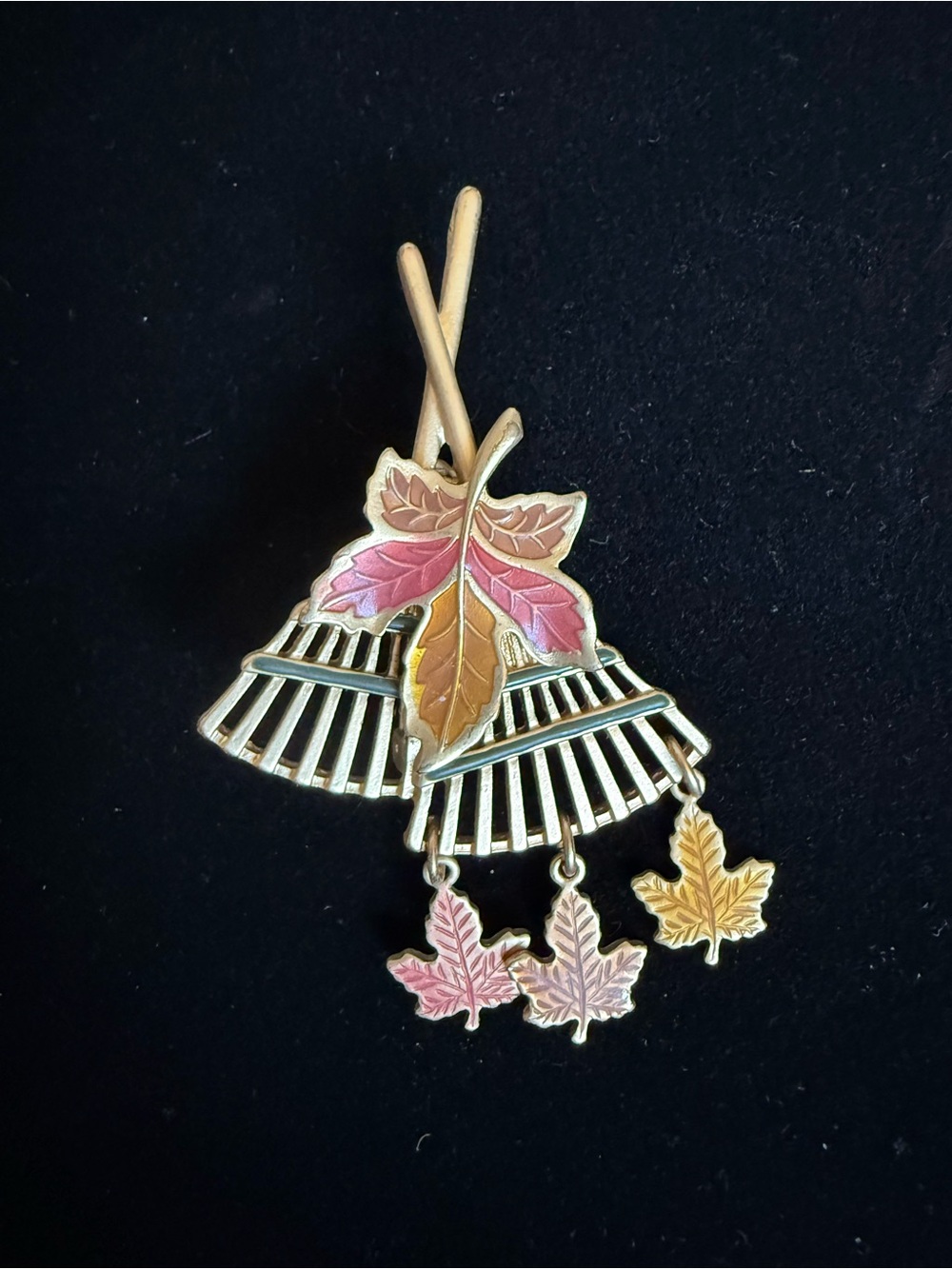 Vintage Fall Brooch Rake Multicolor Enamel Dangle Leaves Fall Colors